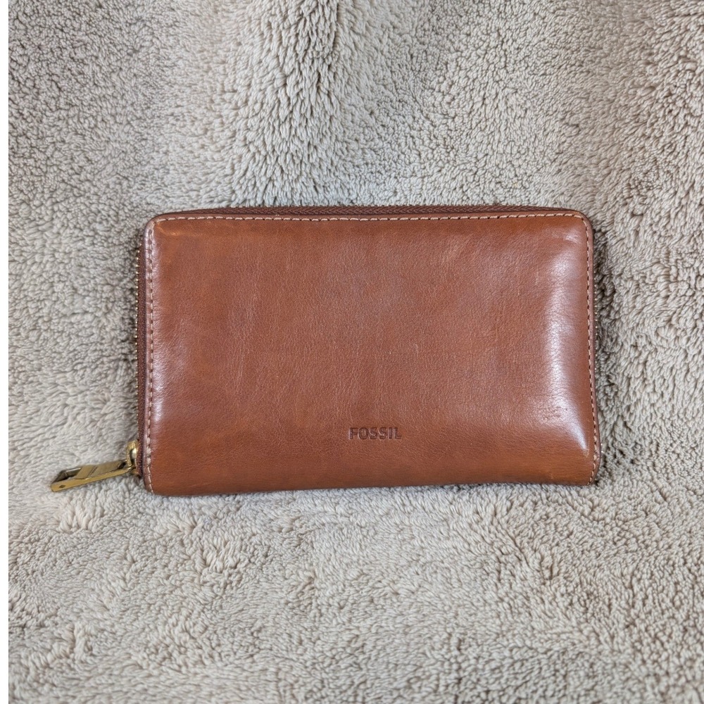 Fossil Brown Solid Leather Zip Around Wallet Organizer Clutch Multi-Compartment